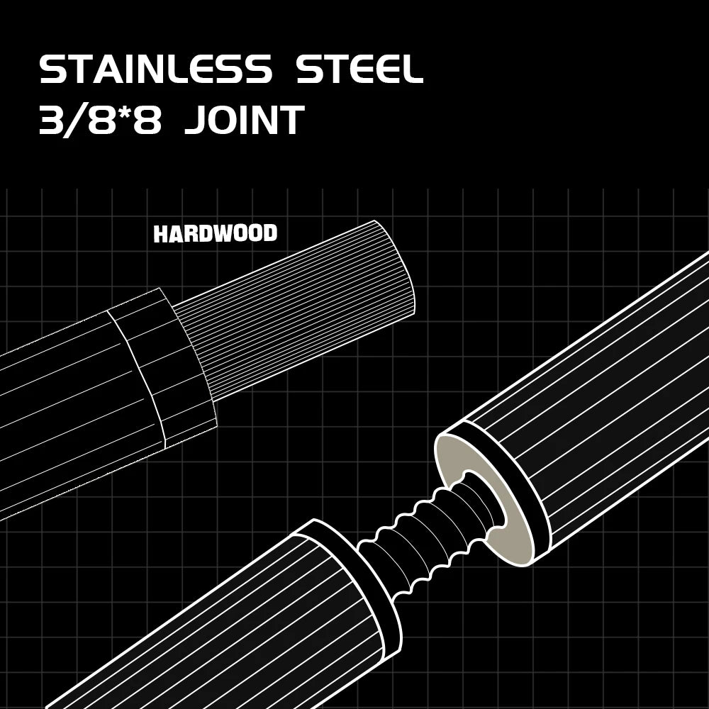 Illustration of a stainless steel 3/8 x 8 joint on a grid background with 'Hardwood' text.