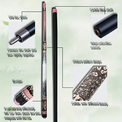 Diagram of a pool cue with labeled parts on a light green background