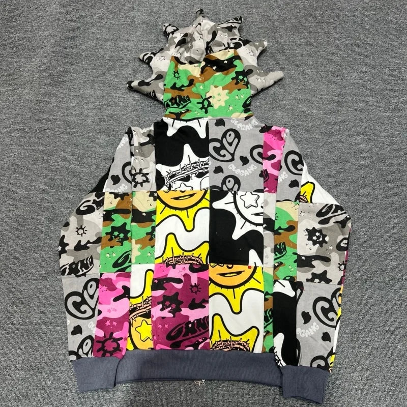 Designer Sun Face Patchwork Zipper Hoodie Jacket Sweater