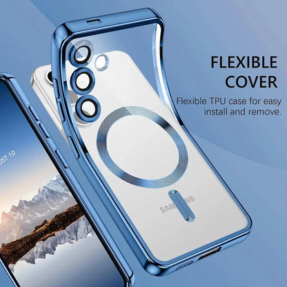 Samsung phone case with flexible TPU material on a blue gradient background