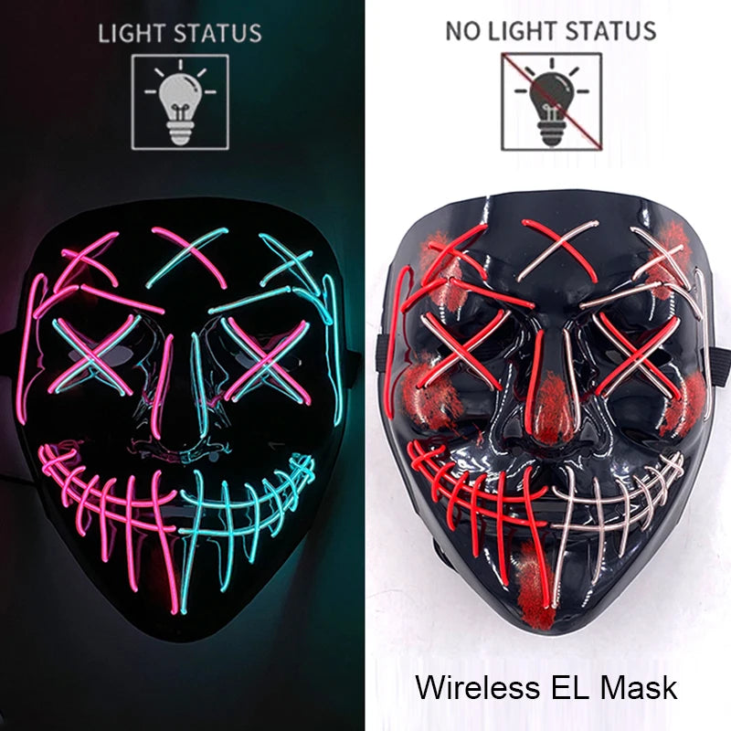 Drahtlose Neon-LED-Reinigungsmaske, im Dunkeln leuchtende Cosplay-Horrormaske, Halloween-Maskerade-Partymasken, leuchtende, lustige Verkleidung