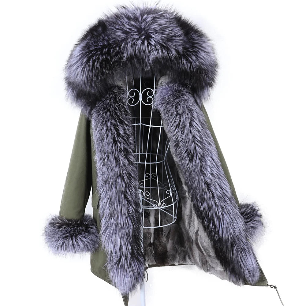 MAOMAOKONG 2023 Abnehmbarer Echtfuchs Pelzkragen Mäntel Damen Winterjacke Kapuze Kaninchenfellfutter Lange Parkas Damenbekleidung