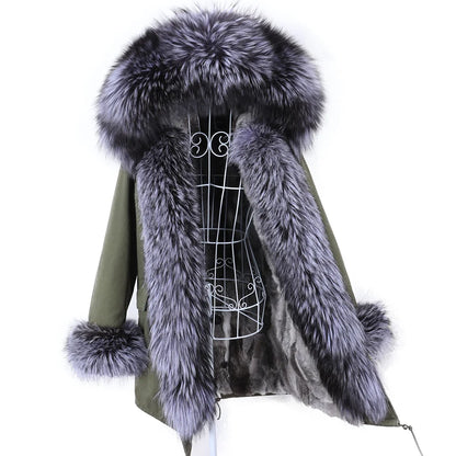 MAOMAOKONG 2023 Abnehmbarer Echtfuchs Pelzkragen Mäntel Damen Winterjacke Kapuze Kaninchenfellfutter Lange Parkas Damenbekleidung