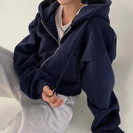 Fleece-Lined Zip Crop Hoodie – Women Navy Blue