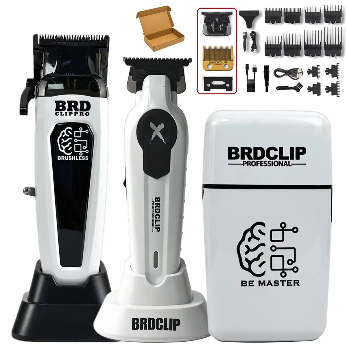Hair clippers set with attachments on a white background