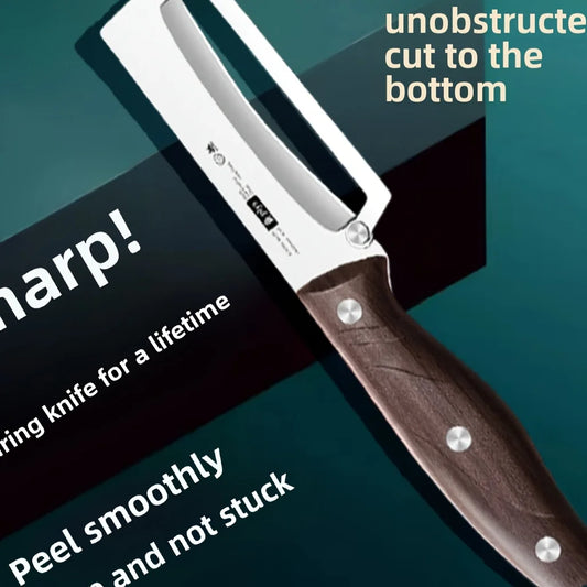 Knife with brown handle and silver blade on a dark background with promotional text.