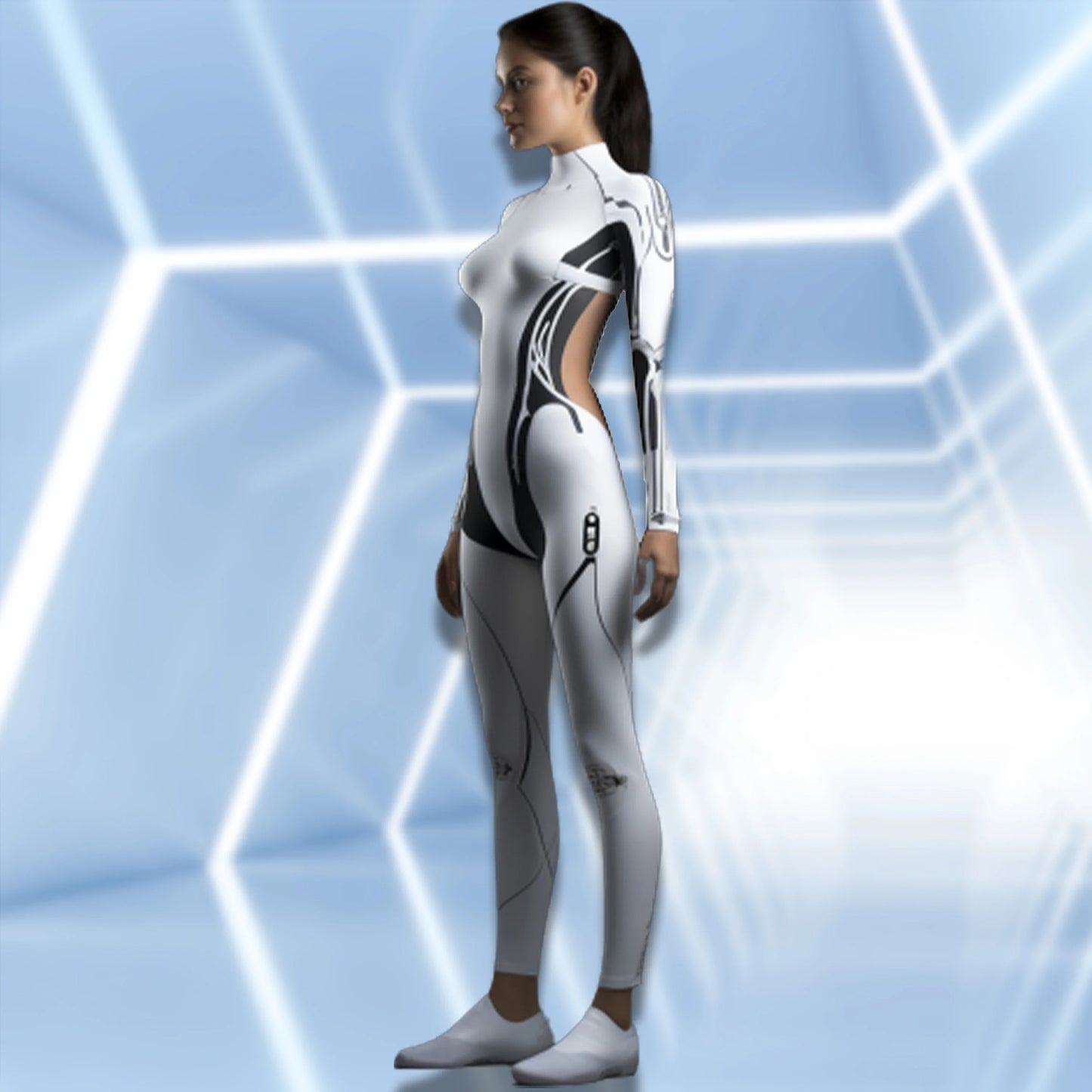 Mechanical Robot Print Cosplay Costume Women Sexy Onesie Futuristic Slim Jumpsuit Halloween Elastic Bodysuit Front Zipper Romper