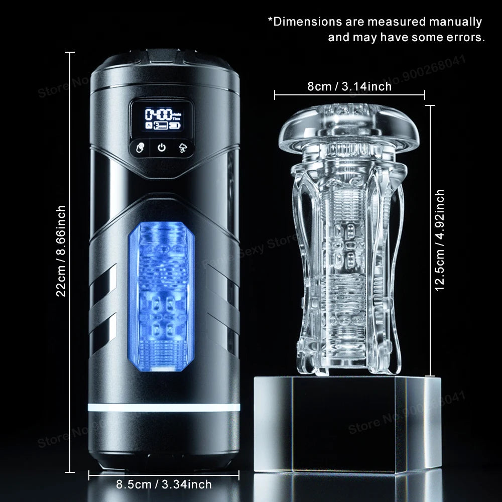 Black electronic device with digital display and blue light, alongside a clear glass container with measurements on a black background.
