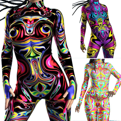 Colorful Rainbow Cosplay Costumes Abstract Geometry 3D Print Bodysuit For Women Skinny Jumpsuit Carnival Holiday Art Zentai Suit