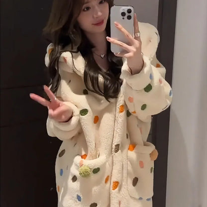 Thickened Coral Fleece Pajamas Women's Winter Sleepwear Long Hooded Thermal Flannel Robe Home Clothes Comfortable Casual Outfit