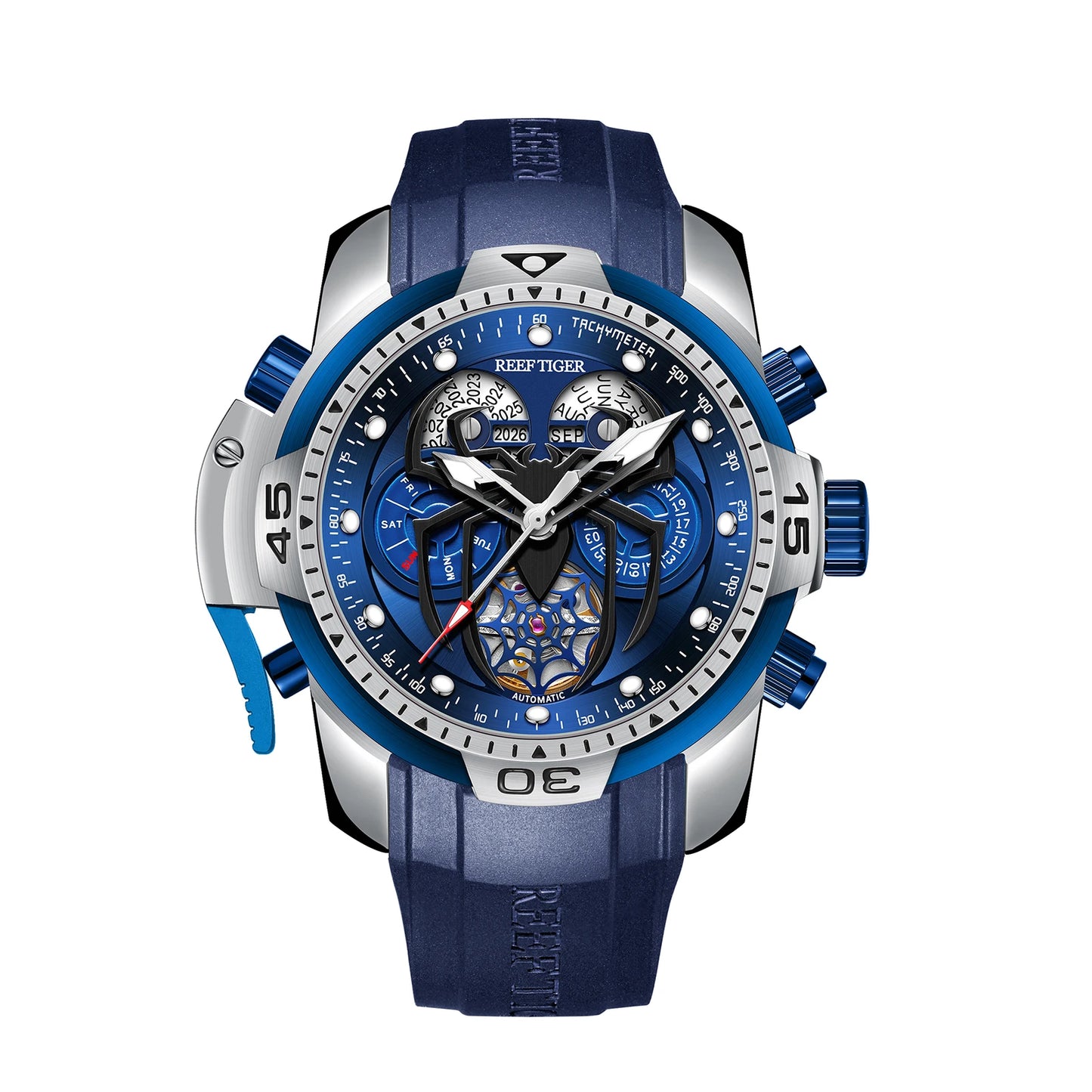 Blue and silver watch with detailed face on a white background