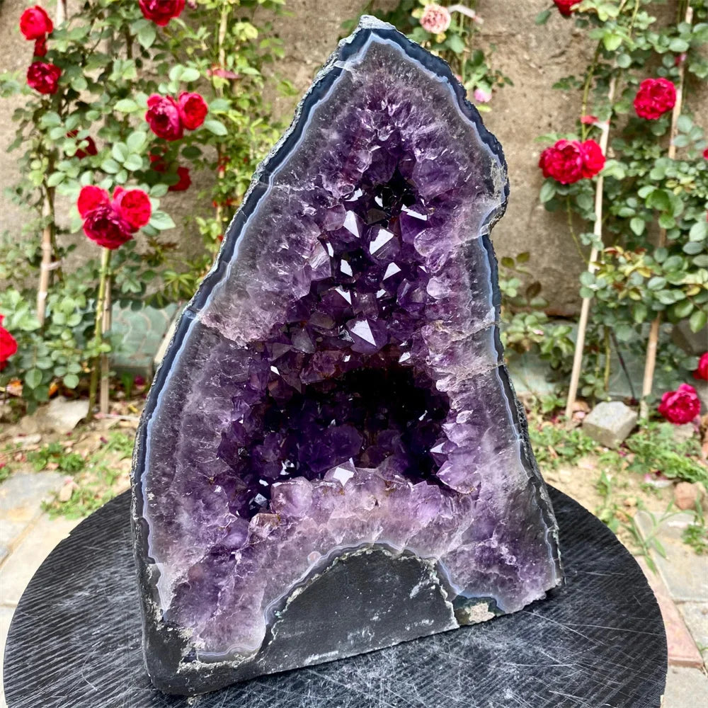 Natural Amethyst Cave Quartz Crystal Group, Cathedral-Style Energy Healing Device With Stand