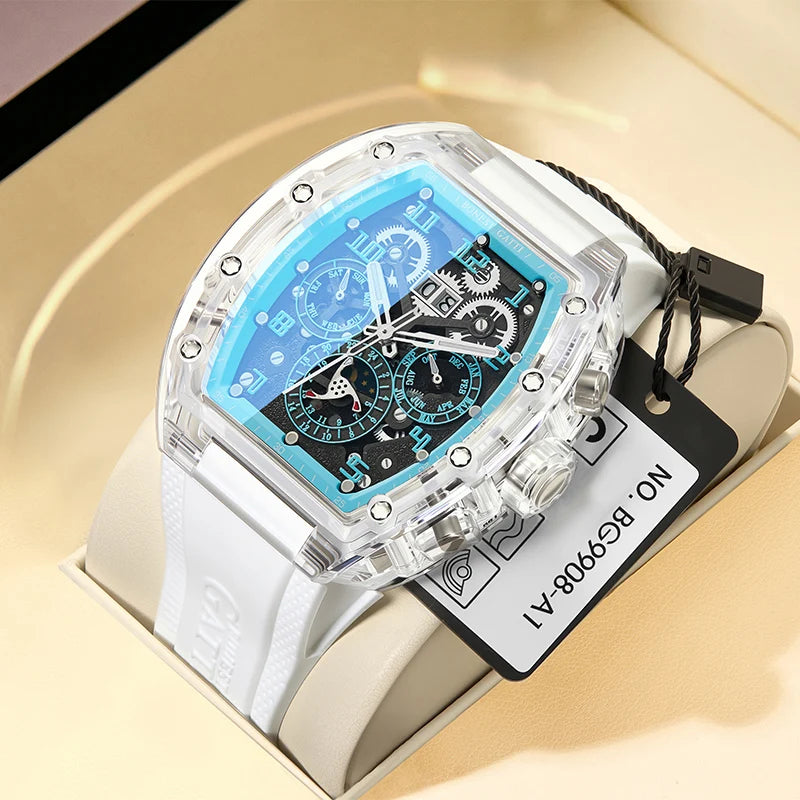 Luxury watch with a blue face and white strap on a beige background