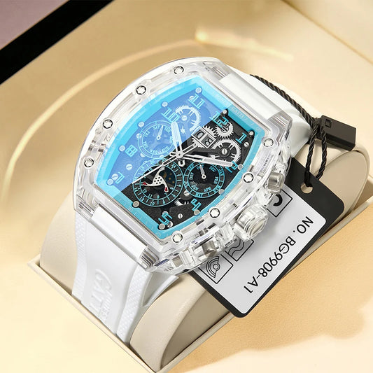 Luxury watch with a blue face and white strap on a beige background