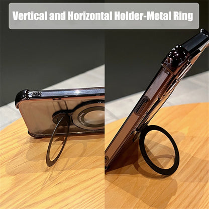 Phone case with metal ring holder showing vertical and horizontal positions on a wooden surface.