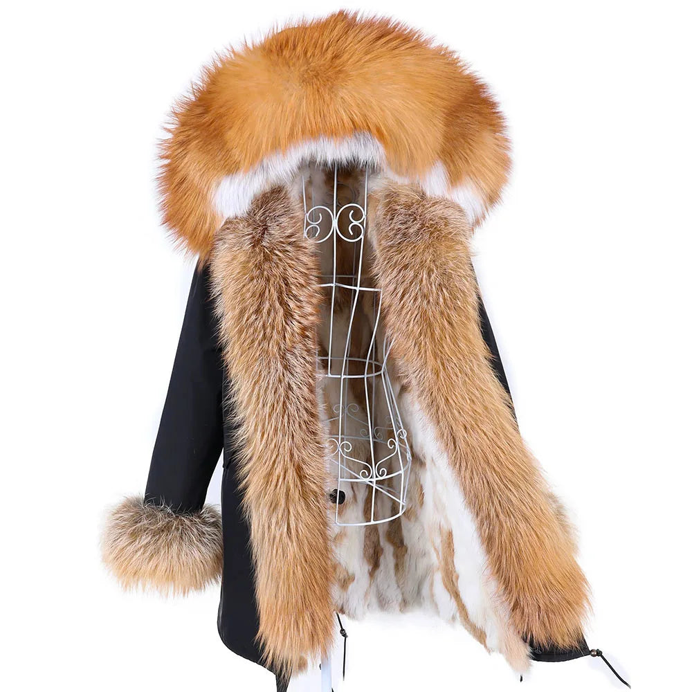 MAOMAOKONG 2023 Abnehmbarer Echtfuchs Pelzkragen Mäntel Damen Winterjacke Kapuze Kaninchenfellfutter Lange Parkas Damenbekleidung