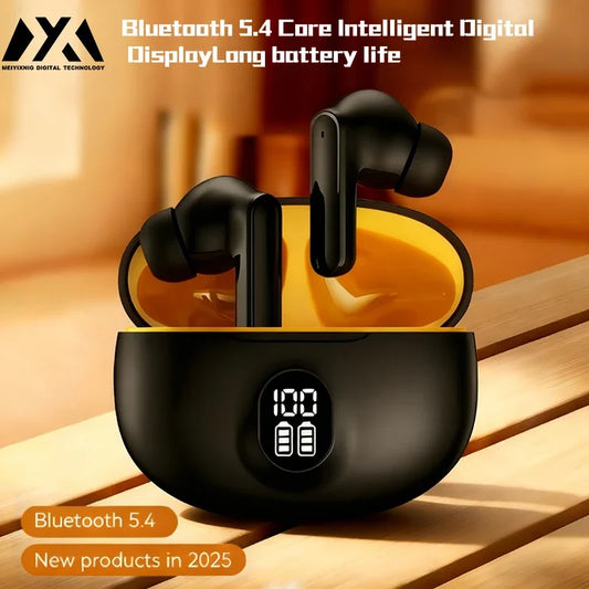 Black wireless earbuds in a charging case with digital display on a wooden surface.
