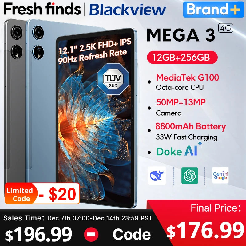 【World premiere】Blackview MEGA 3 Tablet 12.1" 2.5K 90Hz Display 12GB 256GB 8800mAh 50MP Camera 33W Fast Charging Android 15 Pa