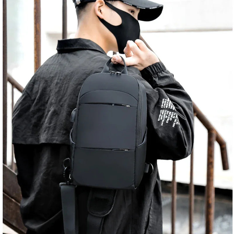 Person wearing a black backpack and face mask outdoors