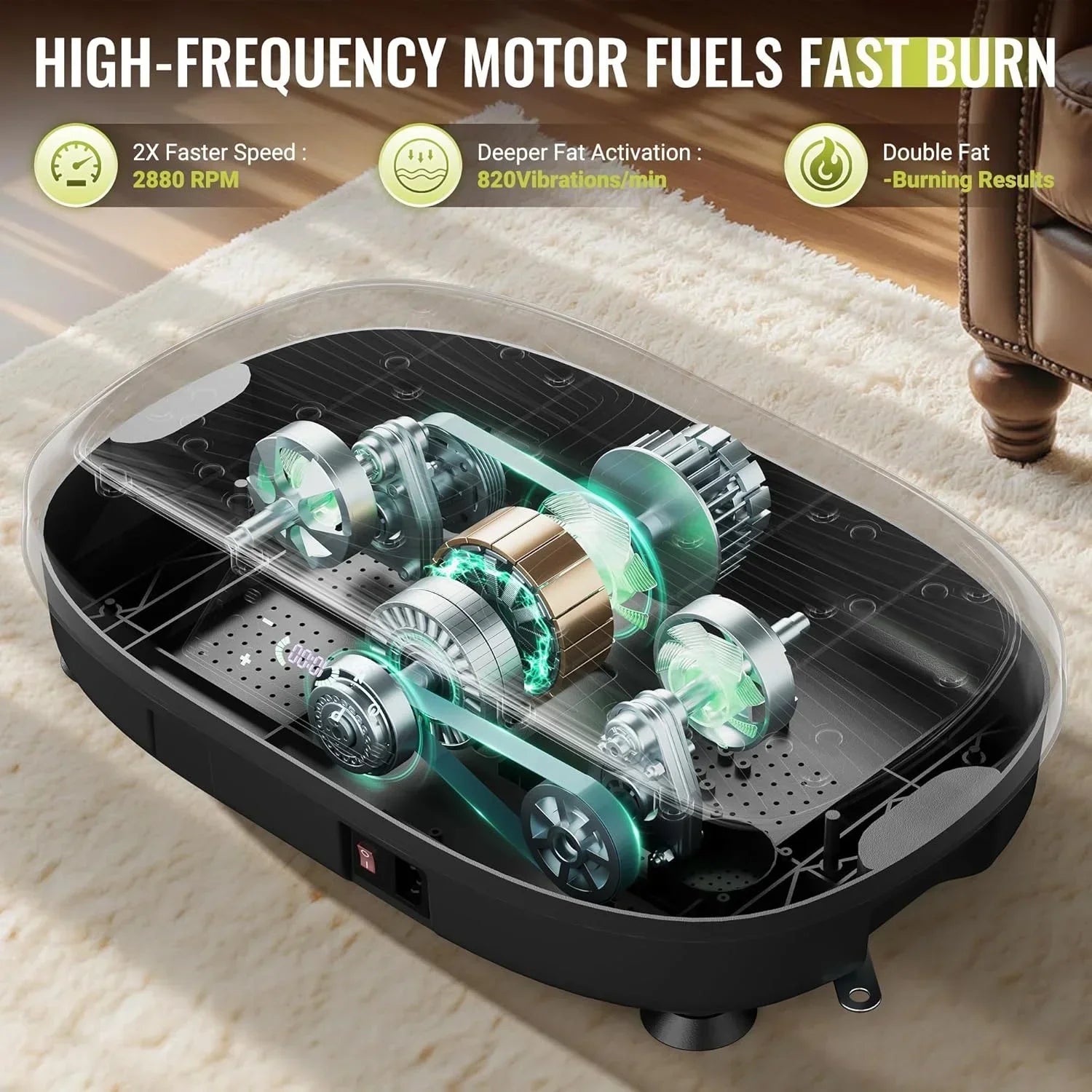 High-frequency motor device with glowing components on a carpeted floor.