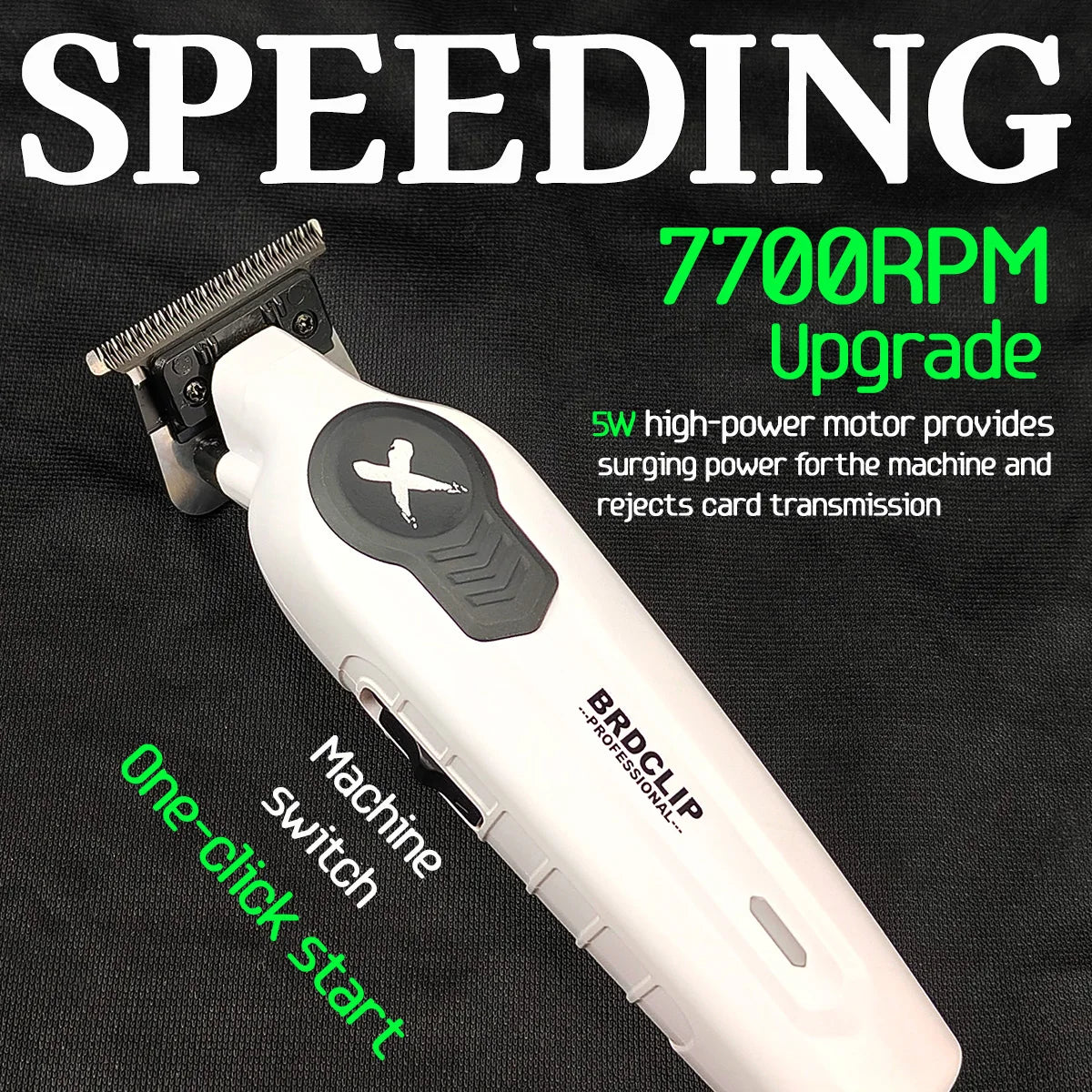 Hair trimmer with text highlighting features on a black background