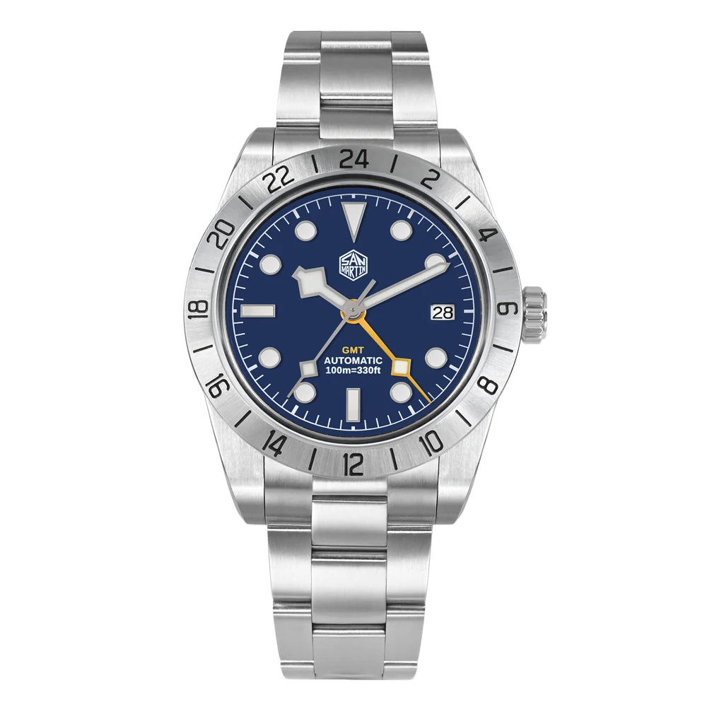 Silver watch with a blue face on a white background