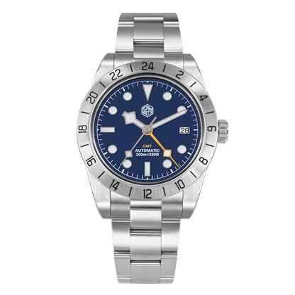 Silver watch with a blue face on a white background