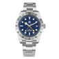 Silver watch with a blue face on a white background