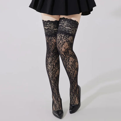 Plus Size Lace Fishnet Stockings For Women Sexy Hollow Out Mesh Solid Color Knee Socks Female Fishing Net Stretch Long Socks New