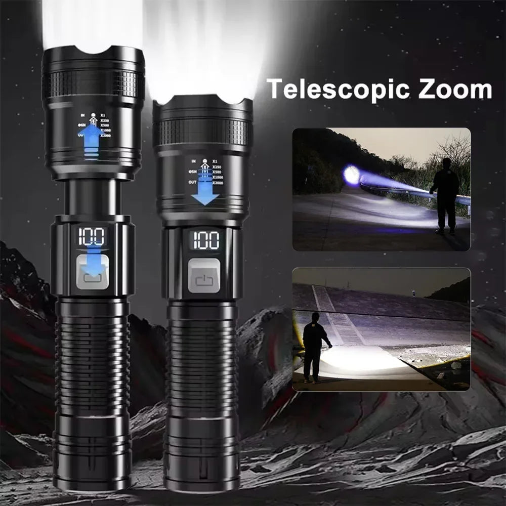 Leistungsstarke LED-Taschenlampen 300000LM Taktische Taschenlampe mit Displaylicht USB-Ladefunktion Camping Angeln Verteidigung Zoom-Laterne