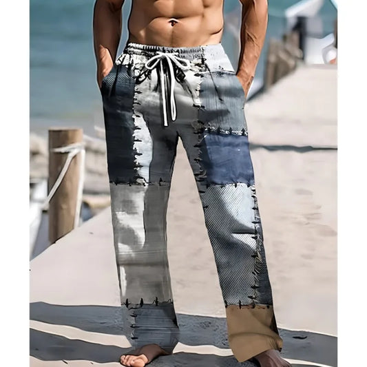 2025 Summer New Men's Casual Pants 3D Retro Shabby Print Beach Pants 100% Polyester Fiber Lightweight Stretch Cord Sweatpants