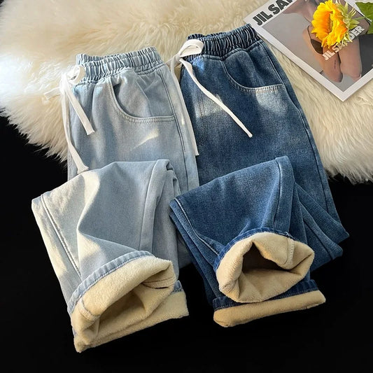 Thiened Fce Wide Leg Jeans Men's Straight Cut Elastic Waist Cord Dstring High Street Vintage Winter New Sle Pants
