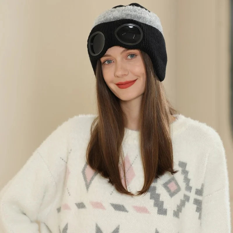 Pilot Goggles with Fleece Knit Hat for Autumn and Winter Cold Weather Protection, Warm Woolen Hat for Men and Women, Versatile T