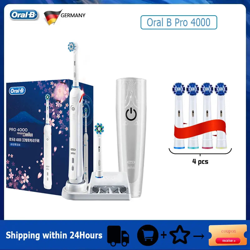 Oral B Elektrische Zahnbürste Pro 4000 3D-Reinigung Tägliche Reinigung Zähne Sichtbarer Andrucksensor 4 Modi Zahnfleischpflege Wasserdicht Wiederaufladbar