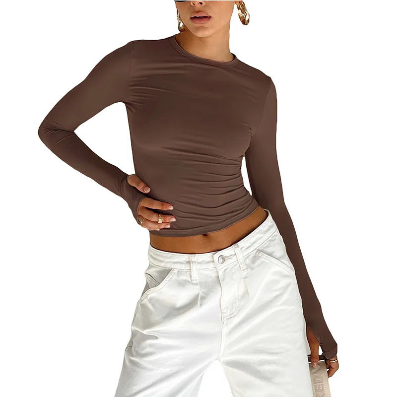 Fashion Women T-shirt Long Sleeve Crew Neck Solid Slim Fit Ladies Crop Top with Thumb Holes for Daily Streetwear Summer Camis