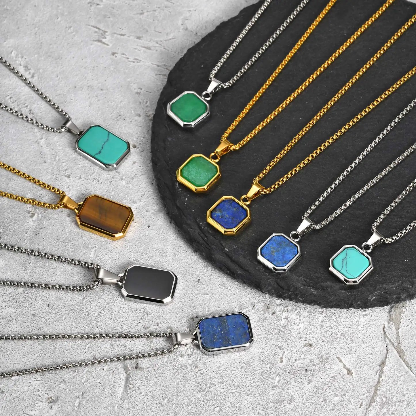 Trendy Pendant Necklaces for Men Boys,Square Natural Stone Stainless Steel Necklaces,Hip Hop Cool Healing Jewelry Gifts