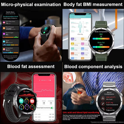 Smartwatch with health monitoring app on smartphone displaying various health metrics.