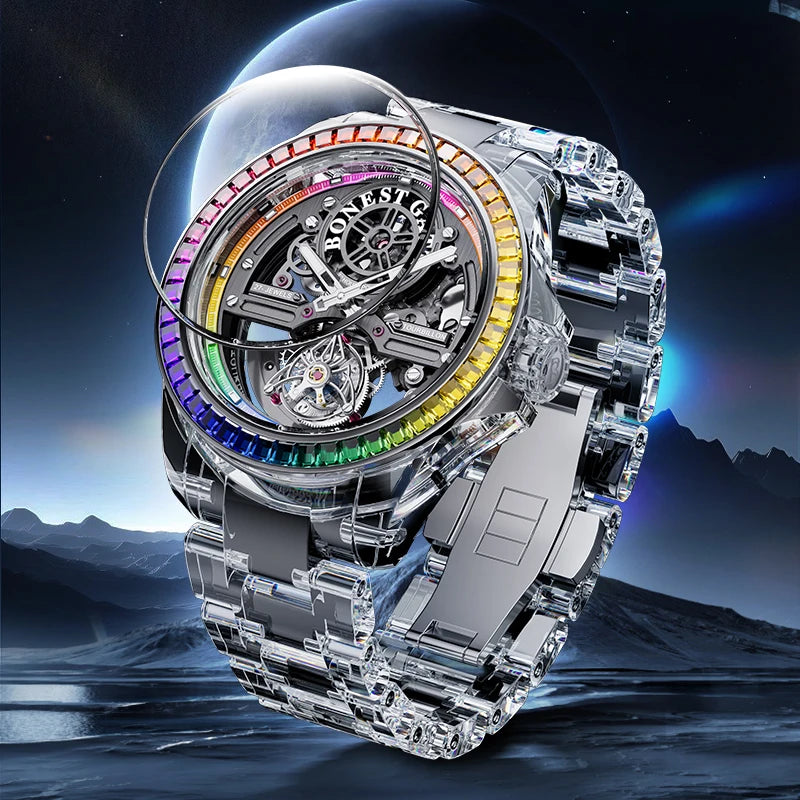 Bonest Gatti Skeleton Automatic Mechanical K9 Crystal Glass Case Rainbow Gemstone Bezel Transparent
