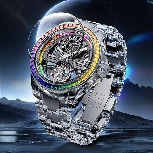 Luxury watch with transparent case and rainbow-colored bezel against a mountain and lake background