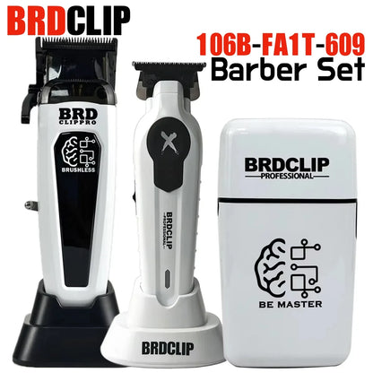 BRDCLIP barber set with two hair trimmers and a white box on a white background