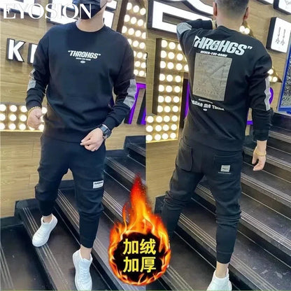 Herbst Herren Sweatshirt Pullover Buchstaben-Druck Rundhals Slim Fit Verdicken Hoodie Langarm Freizeit Sweatshirt Herren Oberteile