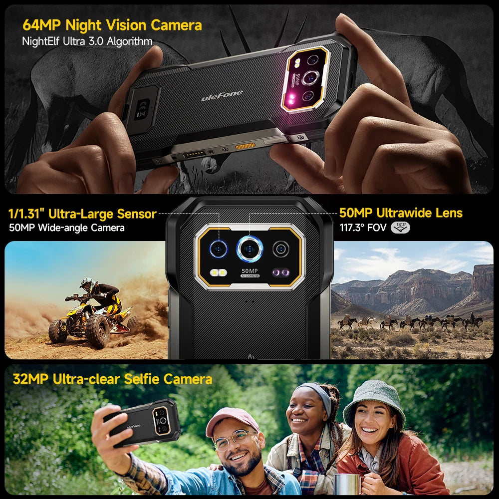Phone case with camera features and usage scenarios on a dark background