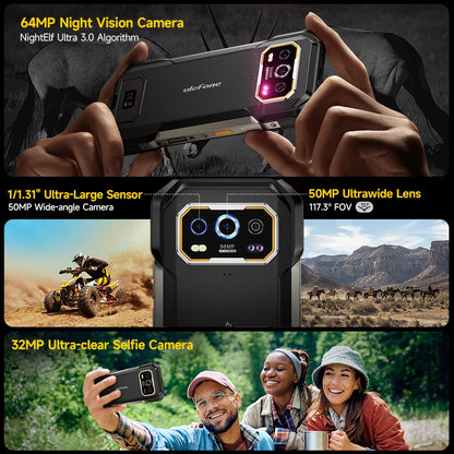 Phone case with camera features and usage scenarios on a dark background