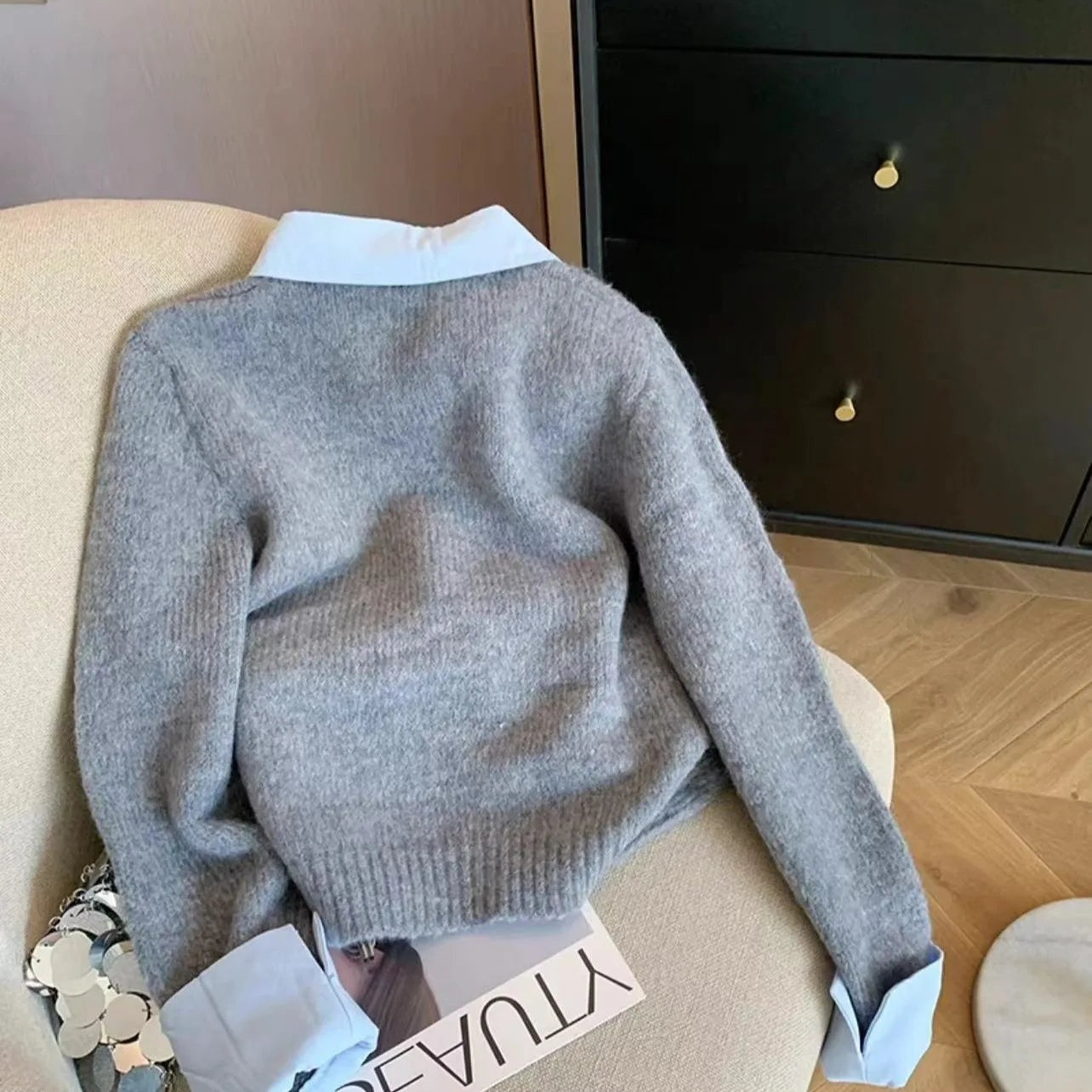 Loose irt Collar Sweater Women's Autumn Winter Faion Casual Color Blo Fake Two-Piece Knitwear Design Sweet Sle  C...