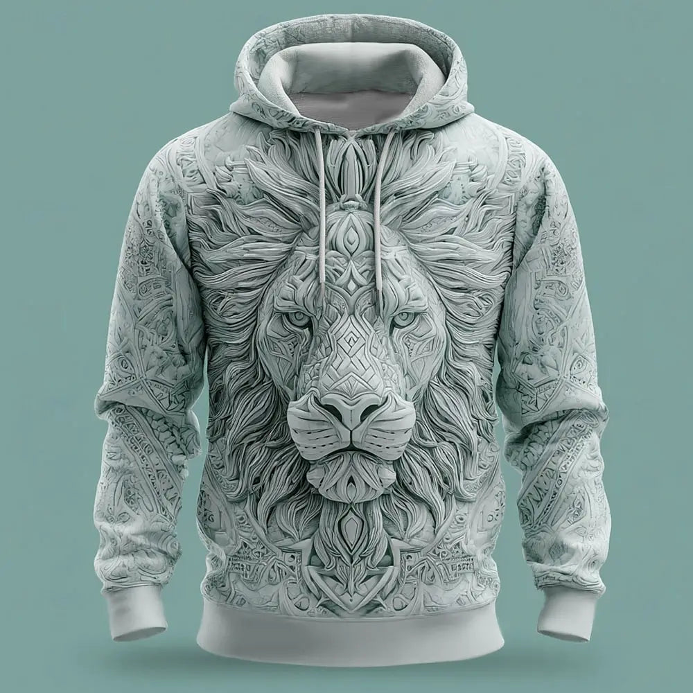 2025 Fall Winter Men's Vintage Animal Lion 3D Prints Hooded Hoodies Sweatshirt Long Sleeve Crew Neck Streetwear Drawstring Tops
