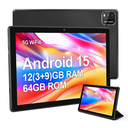 BAKEN 10-Zoll Android 15 Tablet, Quad-Core-Prozessor, 12 GB (3+9 Erweiterung) RAM + 64 GB Speicher, 5G WiFi, 1280*800 Dual-Kameras