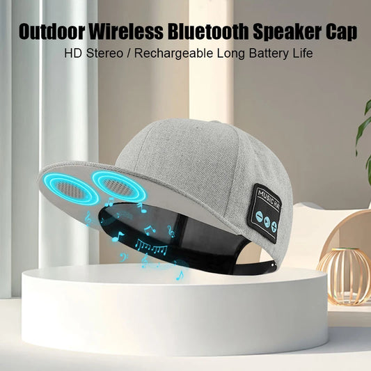 Gray cap with Bluetooth speaker and LED lights on a white platform
