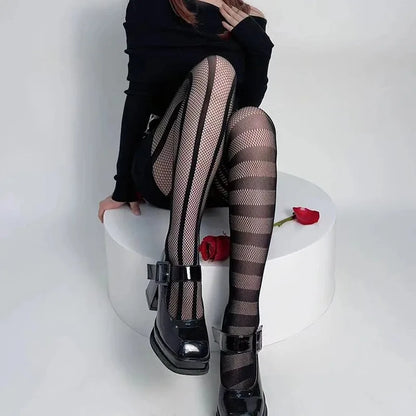Stripe Asymmetric Tights Women's Pantyhose High Elasticity Lace Hollow Fishnet Sexy Stockings Classic Ladies Gothic Pantyhose