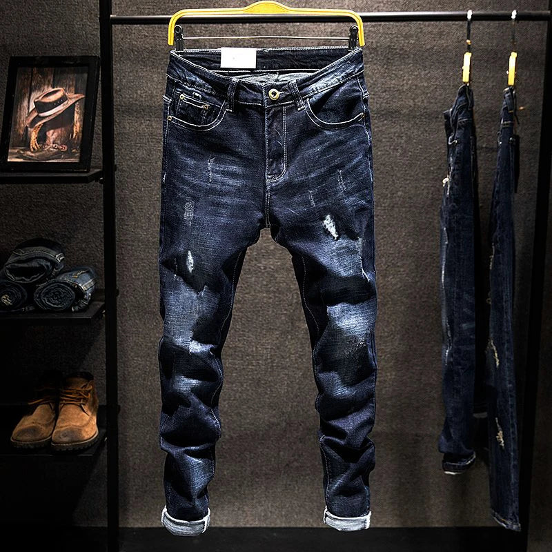 American Elastic Straight Jeans Men Ripped Worn-out Slim-fit Cotton Men's Clothing