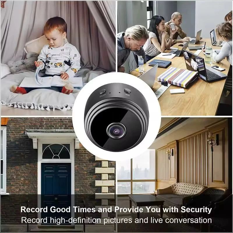 Collage of a security camera with various scenes including a child, a family, and an exterior view.
